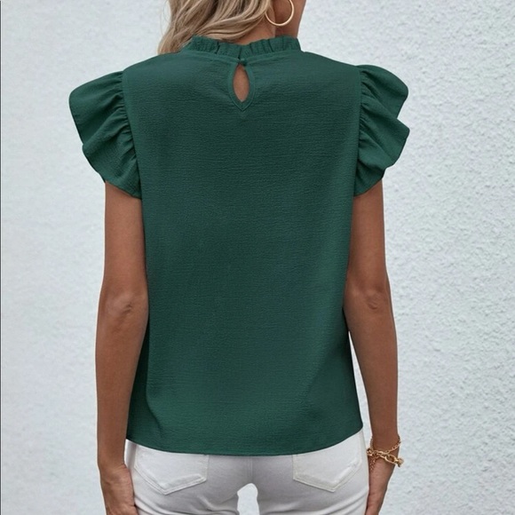 Elegant Classy Blue Mock Neck Ruffle Butterfly work Office Top Blouse - Picture 6 of 14